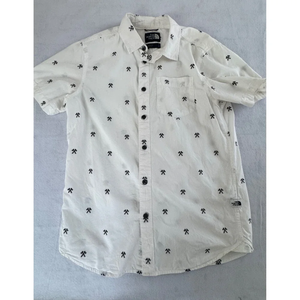 The North Face Mens Short Sleeve Button Down Shirt White Pickaxe Print Small